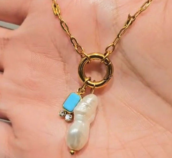 Blue long pearl necklace